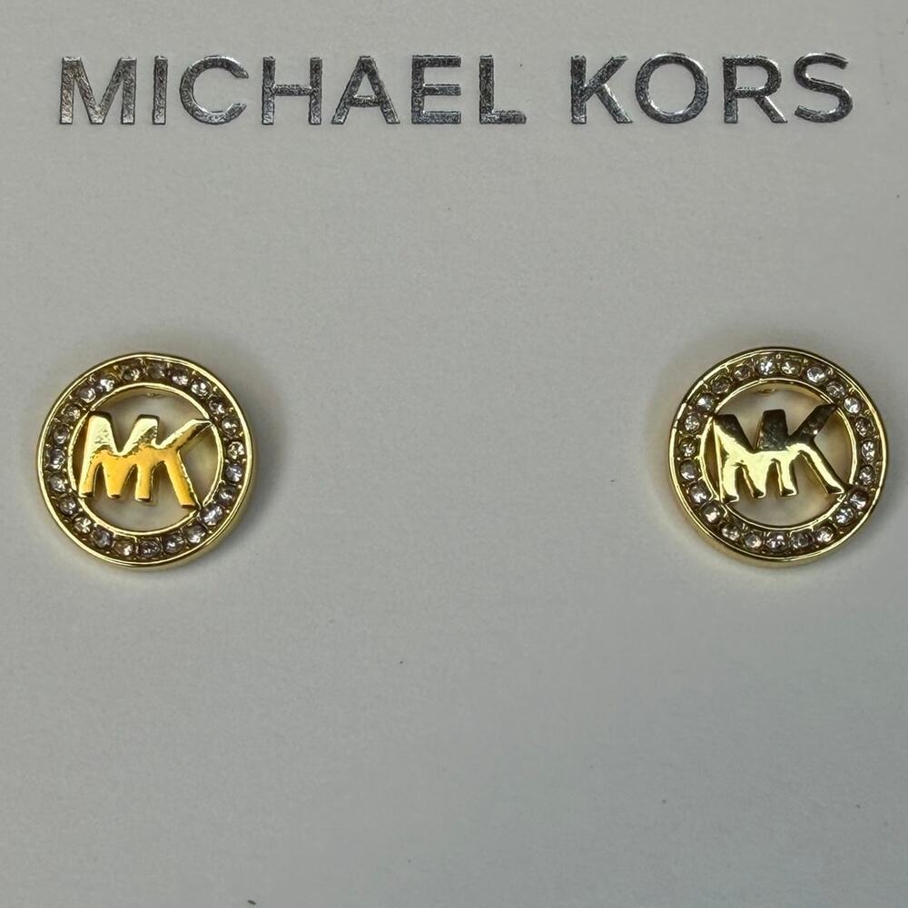 Michael Kors Gold Plated over Metal MK Logo Stud Earrings Womens Fashion Jewelry